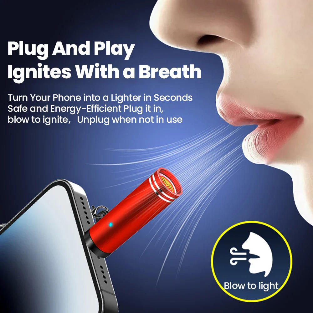 One of a kind personalized phone lighter attached to a smartphone; ignites with a breath.